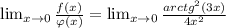 \lim_{x \to 0} \frac{f(x)}{\varphi (x)}=\lim_{x \to 0} \frac{arctg^2(3x)}{4x^2}