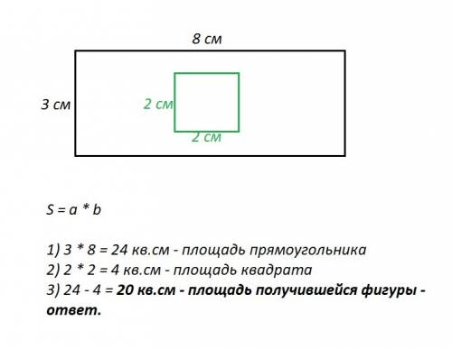 Начертите прямоугольник со сторонами 8 см. и 3 см. внутри него начертите квадрат со стороной 2 см уз