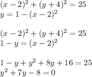 (x-2)^{2}+(y+4)^{2}=25 \\ y=1-(x-2)^{2} \\ \\ (x-2)^{2}+(y+4)^{2}=25 \\1-y=(x-2)^{2} \\ \\ 1-y+ y^{2} +8y+16=25 \\ y^{2} +7y-8=0