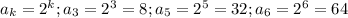 a_k=2^k; a_3=2^3=8; a_5=2^5=32; a_6=2^6=64