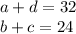 a+d=32\\&#10;b+c=24\\&#10;