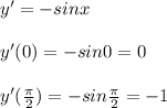 y'=-sinx\\\\y'(0)=-sin0=0\\\\y'(\frac{\pi}{2})=-sin\frac{\pi}{2}=-1