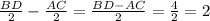 \frac{BD}{2}-\frac{AC}{2}=\frac{BD-AC}{2}=\frac{4}{2}=2