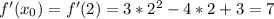 f'(x_0)=f'(2)=3*2^2-4*2+3=7