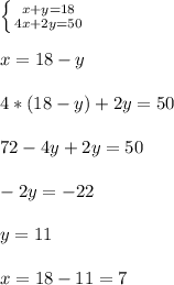  \left \{ {{x+y=18} \atop {4x+2y=50}}&#10;\right. \\ \\ x=18-y \\ \\ 4*(18-y)+2y=50 \\ \\ 72 - 4y+2y=50 \\ \\ -2y=-22 \\ \\ y=11 \\ \\ x=18-11=7