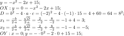 y=-x^2-2x+15;\\&#10; OX: y=0=-x^2-2x+15;\\&#10; D=b^2-4\cdot a\cdot c=(-2)^2-4\cdot (-1)\cdot15=4+60=64=8^2;&#10;\\ x_1=\frac{-b}{2\cdot a}-\frac{\sqrt{D}}{2\cdot a}=\frac{2}{-2}-\frac{8}{-2}=-1+4=3;\\&#10; x_2=\frac{-b}{2\cdot a}+\frac{\sqrt{D}}{2\cdot a}=\frac{2}{-2}+\frac{8}{-2}=-1-4=-5;\\&#10; OY: x=0; y=-\cdot0^2-2\cdot0+15=15;\\