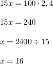 15x=100\cdot2,4\\\\&#10;15x=240\\\\&#10;x=2400\div15\\\\&#10;x=16