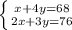 \left \{ {{x+4y=68} \atop {2x+3y=76}} \right.