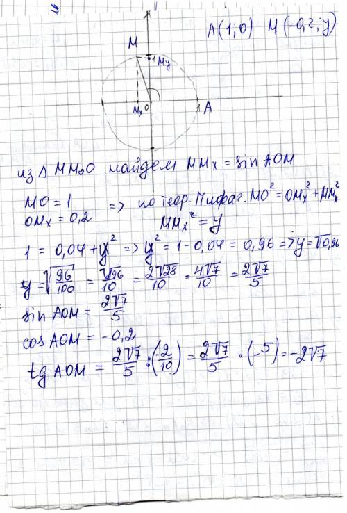 Найдите синус,косинус и тангенс угла aom,если o-начало координат,а точки a(1; 0) и m(-0.2; y) лежат 