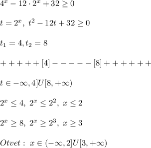 4^{x}-12\cdot 2^{x}+32 \geq 0\\\\t=2^{x},\; t^2-12t+32 \geq 0\\\\t_1=4,t_2=8\\\\+ + + + + [4]- - - - -[8]+ + + + + + \\\\t\in -\infty,4]U[8,+\infty)\\\\2^{x} \leq 4,\; 2^{x} \leq 2^2,\; x \leq 2\\\\2^{x} \geq 8,\; 2^{x} \geq 2^3,\; x \geq 3\\\\Otvet:\; x\in (-\infty,2]U[3,+\infty)