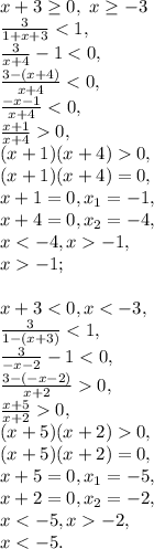 x+3\geq0, \ x\geq-3\\ \frac{3}{1+x+3}<1, \\ \frac{3}{x+4}-1<0, \\ \frac{3-(x+4)}{x+4}<0, \\ \frac{-x-1}{x+4}<0, \\ \frac{x+1}{x+4}0, \\ (x+1)(x+4)0, \\ (x+1)(x+4)=0, \\ x+1=0, x_1=-1, \\ x+4=0, x_2=-4, \\ x<-4, x-1, \\ x-1; \\ \\ x+3<0, x<-3, \\ \frac{3}{1-(x+3)}<1, \\ \frac{3}{-x-2}-1<0, \\ \frac{3-(-x-2)}{x+2}0, \\ \frac{x+5}{x+2}0, \\ (x+5)(x+2)0, \\ (x+5)(x+2)=0, \\ x+5=0, x_1=-5, \\ x+2=0, x_2=-2, \\ x<-5, x-2, \\ x<-5. 