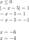 x \leq 0\\&#10;|-x-5|=1\\&#10;-x-5=1\\&#10;-x-5=-1\\\\&#10;x=-6\\&#10;x=-4