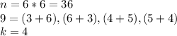 n=6*6=36\\9=(3+6),(6+3),(4+5),(5+4)\\k=4