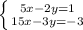 \left \{ {{5x-2y=1} \atop {15x-3y=-3}} \right.