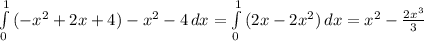 \int\limits^1_0 { (- x^{2} +2x+4)- x^{2} -4} \, dx= \int\limits^1_0 { (2x-2 x^{2} }) \, dx= x^{2} - \frac{2 x^{3} }{3}