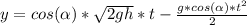 y = cos( \alpha )* \sqrt{2gh}*t- \frac{g*cos( \alpha )*t ^{2} }{2}