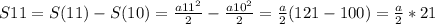 S11=S(11)-S(10)= \frac{a11 ^{2} }{2} - \frac{a10 ^{2} }{2} = \frac{a}{2} (121-100)= \frac{a}{2} *21