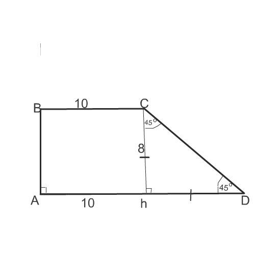 Высота прямоугольной трапеции abcd равна 8см. меньшее основание bd -10см. угол cda равен 45градусов.
