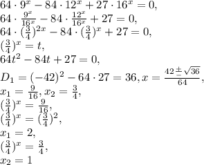 64\cdot9^x-84\cdot12^x+27\cdot16^x=0, \\ 64\cdot\frac{9^x}{16^x}-84\cdot\frac{12^x}{16^x}+27=0, \\ 64\cdot(\frac{3}{4})^{2x}-84\cdot(\frac{3}{4})^x+27=0, \\ (\frac{3}{4})^x=t, \\ 64t^2-84t+27=0, \\ D_1=(-42)^2-64\cdot27=36, x=\frac{42\frac{+}{-}\sqrt{36}}{64}, \\ x_1=\frac{9}{16}, x_2=\frac{3}{4}, \\ (\frac{3}{4})^x=\frac{9}{16}, \\ (\frac{3}{4})^x=(\frac{3}{4})^2, \\ x_1=2, \\ (\frac{3}{4})^x=\frac{3}{4}, \\ x_2=1