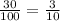  \frac{30}{100} = \frac{3}{10} 