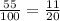  \frac{55}{100} = \frac{11}{20} 