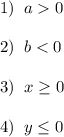 1)\; \; a0\\\\2)\; \; b<0\\\\3)\; \; x \geq 0\\\\4)\; \; y \leq 0