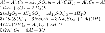 Al-Al_2O_3-Al_2(SO_4)_3-Al(OH)_3-Al_2O_3-Al\\1)4Al+3O_2=2Al_2O_3\\2)Al_2O_3+3H_2SO_4=Al_2(SO_4)_3+3H_2O\\3)Al_2(SO_4)_3+6NaOH=3Na_2SO_4+2Al(OH)_3\\4)2Al(OH)_3=Al_2O_3+3H_2O\\5)2Al_2O_3=4Al+3O_2