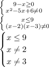 \left \{ {{9-x \geq0} \atop {{x^{2}-5x+6} \neq0}} \right.\\ \left \{ {{x \leq 9} \atop {{(x-2)(x-3)} \neq0}} \right.\\ \begin{cases} x \leq 9\\x\neq2\\x\neq3 \end{cases} 