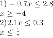 1)-0.7x \leq 2.8 \\ x \geq -4 \\ 2) 2.1x \leq 0.3 \\ x \leq \frac{1}{7}