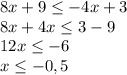 8x+9\leq-4x+3\\8x+4x\leq3-9\\12x\leq-6\\x\leq-0,5