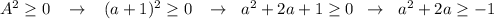 A^2 \geq 0\; \; \; \to \; \; \; (a+1)^2 \geq 0\; \; \; \to \; \; a^2+2a+1 \geq 0\; \; \to \; \; a^2+2a \geq -1