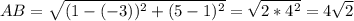 AB=\sqrt{(1-(-3))^2+(5-1)^2}=\sqrt{2*4^2}=4\sqrt{2}