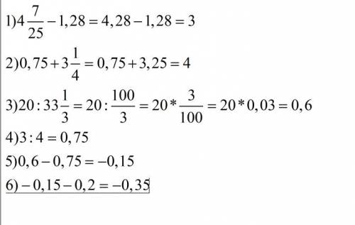 1)20: 33 1/3-(4 7/25-1,28): (0,75+3 1/4)-0,2=?