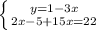 \left \{ {{y=1-3x} \atop {2x-5+15x=22}} \right.