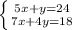 \left \{ {{5x+y=24} \atop {7x+4y=18}} \right.