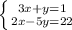 \left \{ {{3x+y=1} \atop {2x-5y=22}} \right.