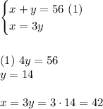 \begin{cases}x+y=56\ (1)\\x=3y\end{cases}\\ \\ \\ (1) \ 4y=56\\y=14\\ \\ x=3y=3\cdot 14=42