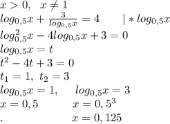 x0, \ \ x\neq1\\ log_{0,5}x + \frac{3}{log_{0,5}x} =4\ \ \ \ \ \ |*log_{0,5}x\\ log^{2}_{0,5}x - 4log_{0,5}x +3 = 0\\ log_{0,5}x = t\\ t^{2} - 4t+3=0\\ t_{1}=1, \ t_{2}=3\\ log_{0,5}x = 1, \ \ \ \ log_{0,5}x = 3\\ x=0,5\ \ \ \ \ \ \ \ \ x=0,5^{3}\\ .\ \ \ \ \ \ \ \ \ \ \ \ \ \ \ \ \ \ x=0,125 