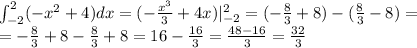 \int_{-2}^{2}(-x^2+4)dx=(-\frac{x^3}3+4x)|_{-2}^2=(-\frac83+8)-(\frac83-8)=\\=-\frac83+8-\frac83+8=16-\frac{16}3=\frac{48-16}3=\frac{32}3