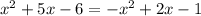 x^{2}+5x-6=-x^{2}+2x-1