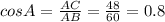 cos A=\frac{AC}{AB}=\frac{48}{60}=0.8