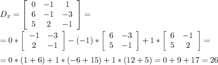 D_x=\left[\begin{array}{ccc}0&-1&1\\6&-1&-3\\5&2&-1\end{array}\right]= \\ \\=0*\left[\begin{array}{ccc}-1&-3\\2&-1\end{array}\right]-(-1)*\left[\begin{array}{ccc}6&-3\\5&-1\end{array}\right]+1*\left[\begin{array}{ccc}6&-1\\5&2\end{array}\right]= \\ \\=0*(1+6)+1*(-6+15)+1*(12+5)=0+9+17=26