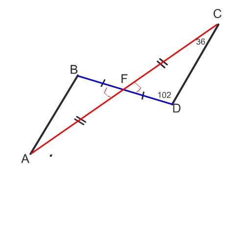 Отрезки ас и вd пересекаются в точке f которая является серединой каждого из них найдите угол abf ес