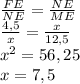 \frac{FE}{NE} = \frac{NE}{ME} \\ \frac{4,5}{x} = \frac{x}{12,5} \\ x^2=56,25 \\ x=7,5