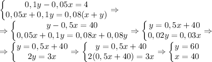 \left\{\begin{matrix} 0,1y-0,05x=4\\0,05x+0,1y=0,08(x+y) \end{matrix}\right.\Rightarrow\\\Rightarrow\left\{\begin{matrix} y-0,5x=40\\0,05x+0,1y=0,08x+0,08y \end{matrix}\right.\Rightarrow\left\{\begin{matrix} y=0,5x+40\\0,02y=0,03x \end{matrix}\right.\Rightarrow\\\Rightarrow\left\{\begin{matrix} y=0,5x+40\\2y=3x \end{matrix}\right.\Rightarrow\left\{\begin{matrix} y=0,5x+40\\2(0,5x+40)=3x \end{matrix}\right.\Rightarrow\left\{\begin{matrix} y=60\\x=40 \end{matrix}\right.