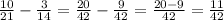 \frac{10}{21}-\frac{3}{14}=\frac{20}{42}-\frac{9}{42}=\frac{20-9}{42}=\frac{11}{42}