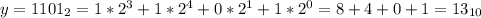 y = 1101_{2} = 1*2^3+1*2^4+0*2^1+1*2^0 = 8+4+0+1=13_{10}