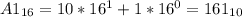 A1_{16}=10*16^1+1*16^0=161_{10}