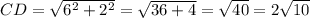 CD=\sqrt{6^{2}+2^{2}}=\sqrt{36+4}=\sqrt{40}=2\sqrt{10}