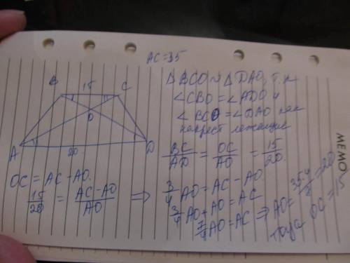 Втрапеции авсd основания аd=20 вс=15, а диагональ ас=35. на какие части делиться эта диагональ точко